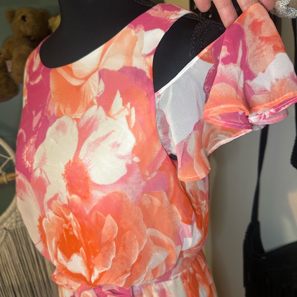 Vince Camuto Floral Maxi Dress Size 4 Pink Orange Cold Shoulder Belted - Picture 5 of 6